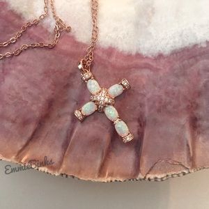 New 18KG Rose Gold Plated Fire Opal & Cubic Zirconia Cross Pendant Necklace